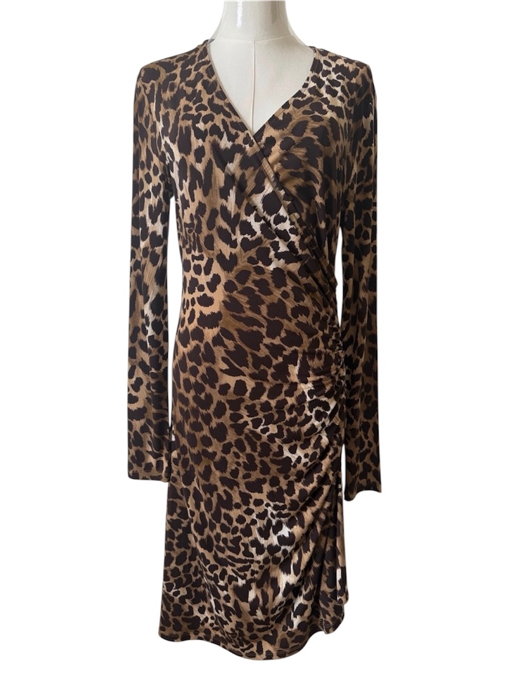 Michael Kors Leopard Print V-Neck Dress with zipped ruching front detail Size 6
